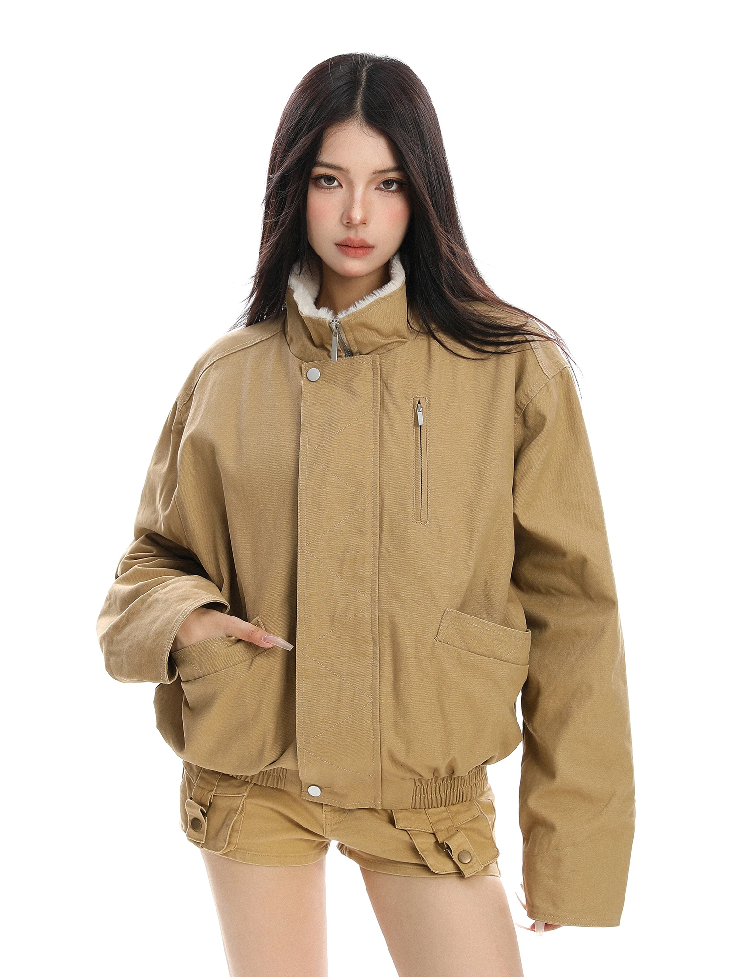 

Thiened ort American Sle Jaet Women's Winter Coat Stand Collar Fur Trim Cotton Workwear Warm Biker Sle Outerwear