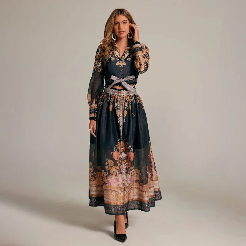 

Retro Print Two-Piece Set Long Sve Top And Floral Long Skirt Ensemble Ele Court Sle Faionable Women's Outfit
