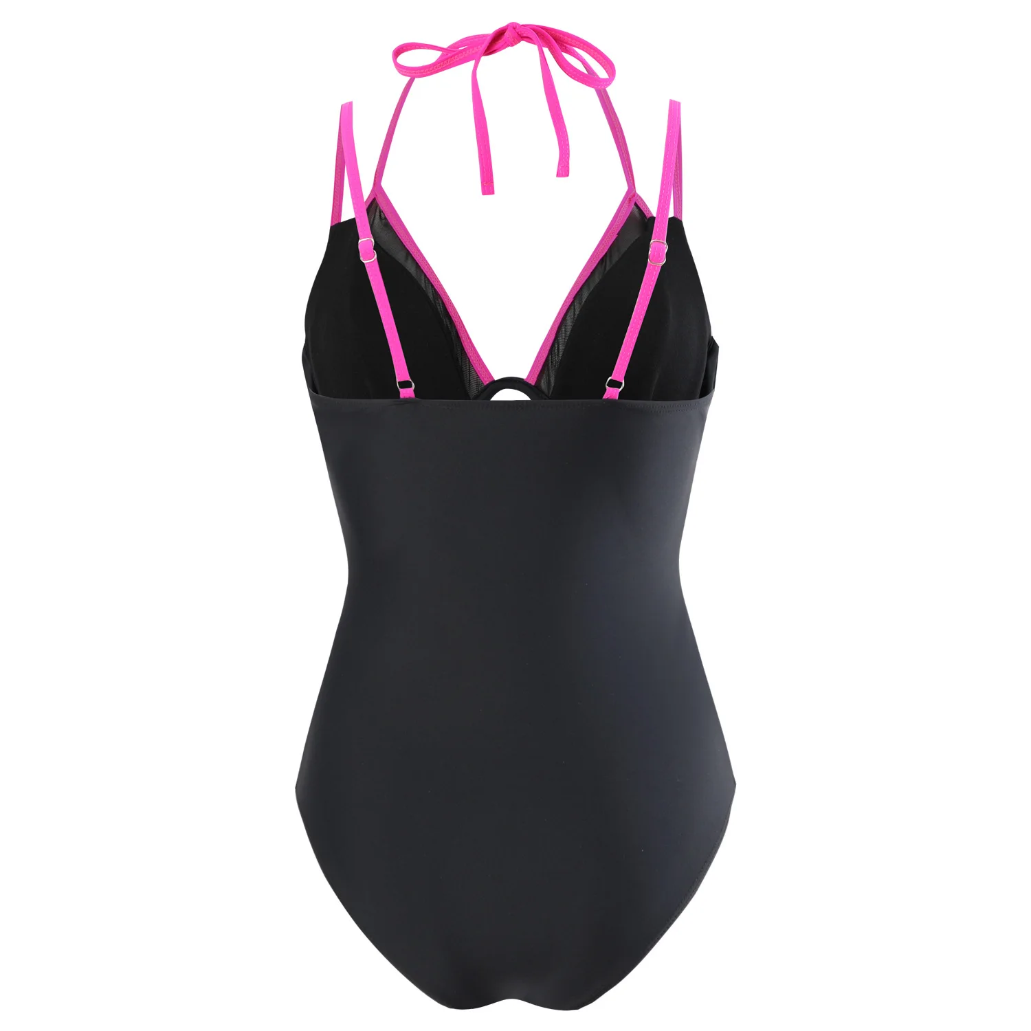 Traje de baño de una pieza negro y rosa para mujer, cuello halter, recorte, sexy, control de barriga, monokini, traje de baño de playa ajustable