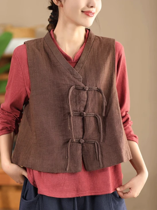 Retro Handmade Cotton Linen Short Sleeveless Vest Women's Spring Summer New Chinese Style Tassel Jacket V-neck Single Button