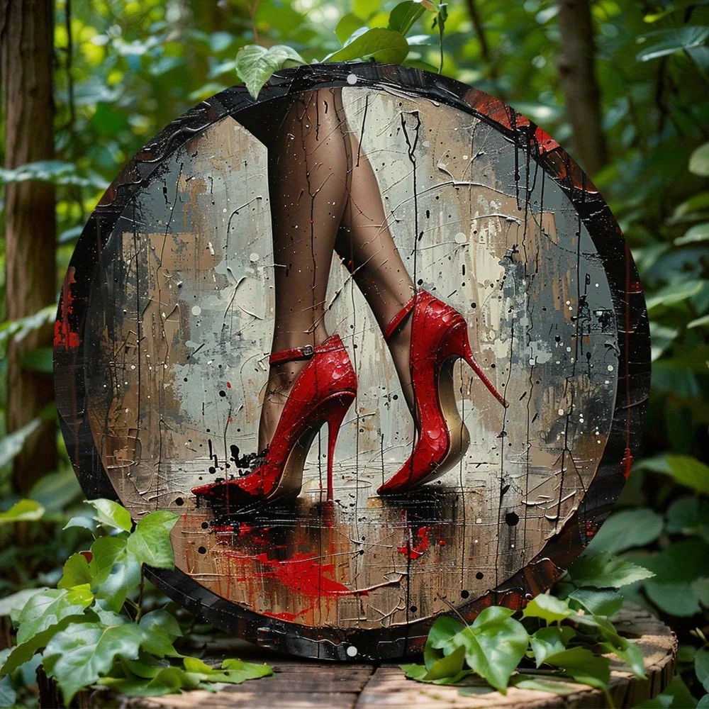 Round Red High Heels Aluminum Wall Art - Vibrant Red & Black Abstract Design, Durable Fade-Resistant Metal Sig