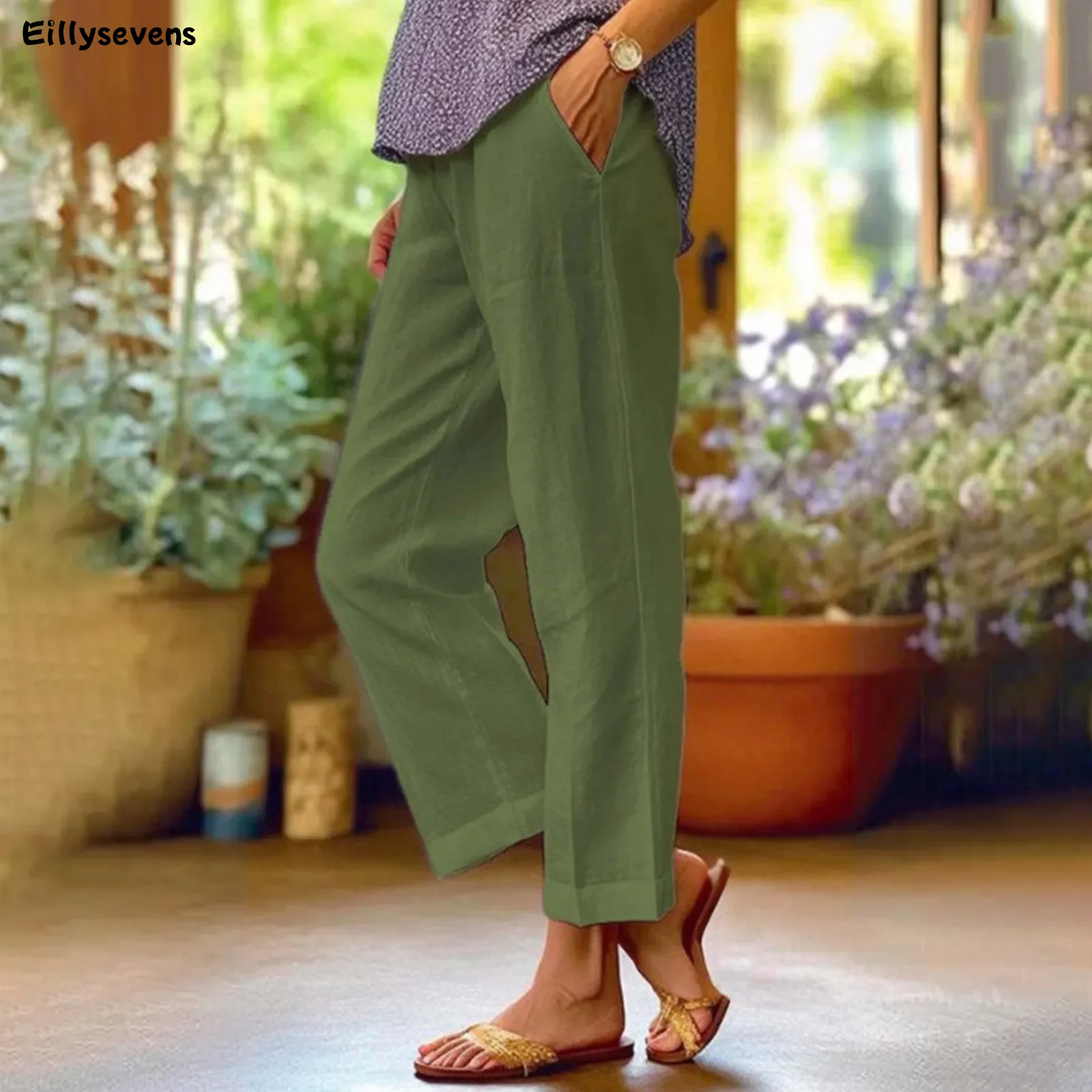 

Women's Solid Color Trousers Summer Casual Drawstring High Waist Loose Straight Wide Leg Pants With Pockets Solid Comfy Pants