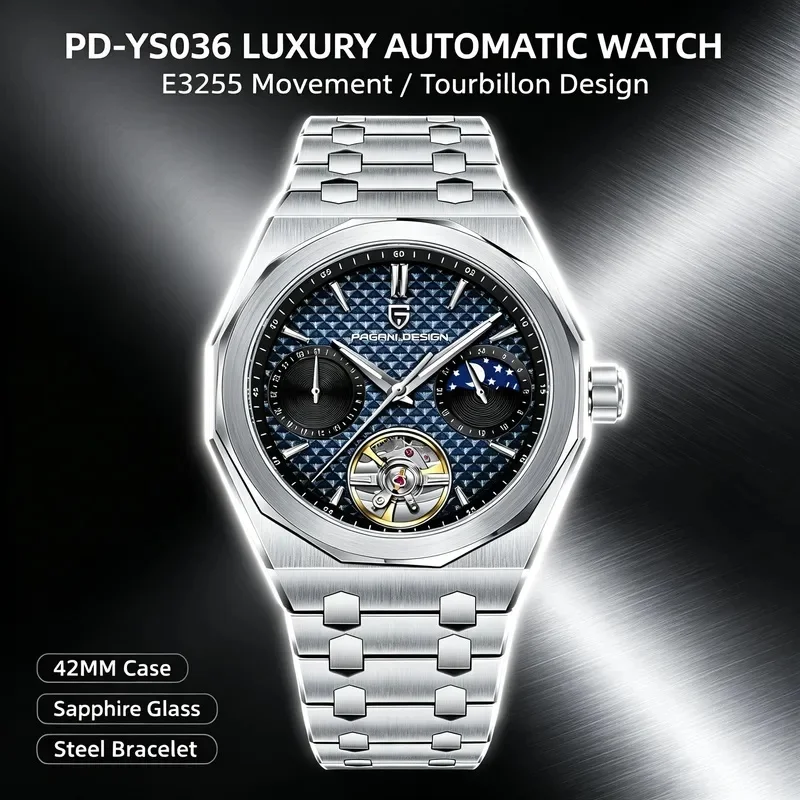 PAGANI DESIGN PD-YS036 Men Automatic Watch 42MM Blue Dial Moon Phase E3255 Movement Stainless Steel Band Synthetic Sapphire Glas