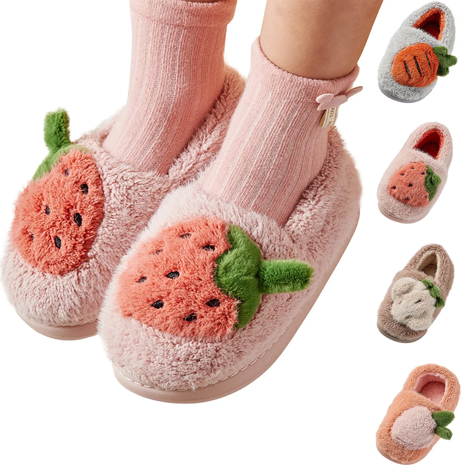 New Children Cotton Slippers Winter Kid Indoor Slippers Cute Fruit Home Plush Slippers Soft Sole Warm Winter Slippers Flat Shoes