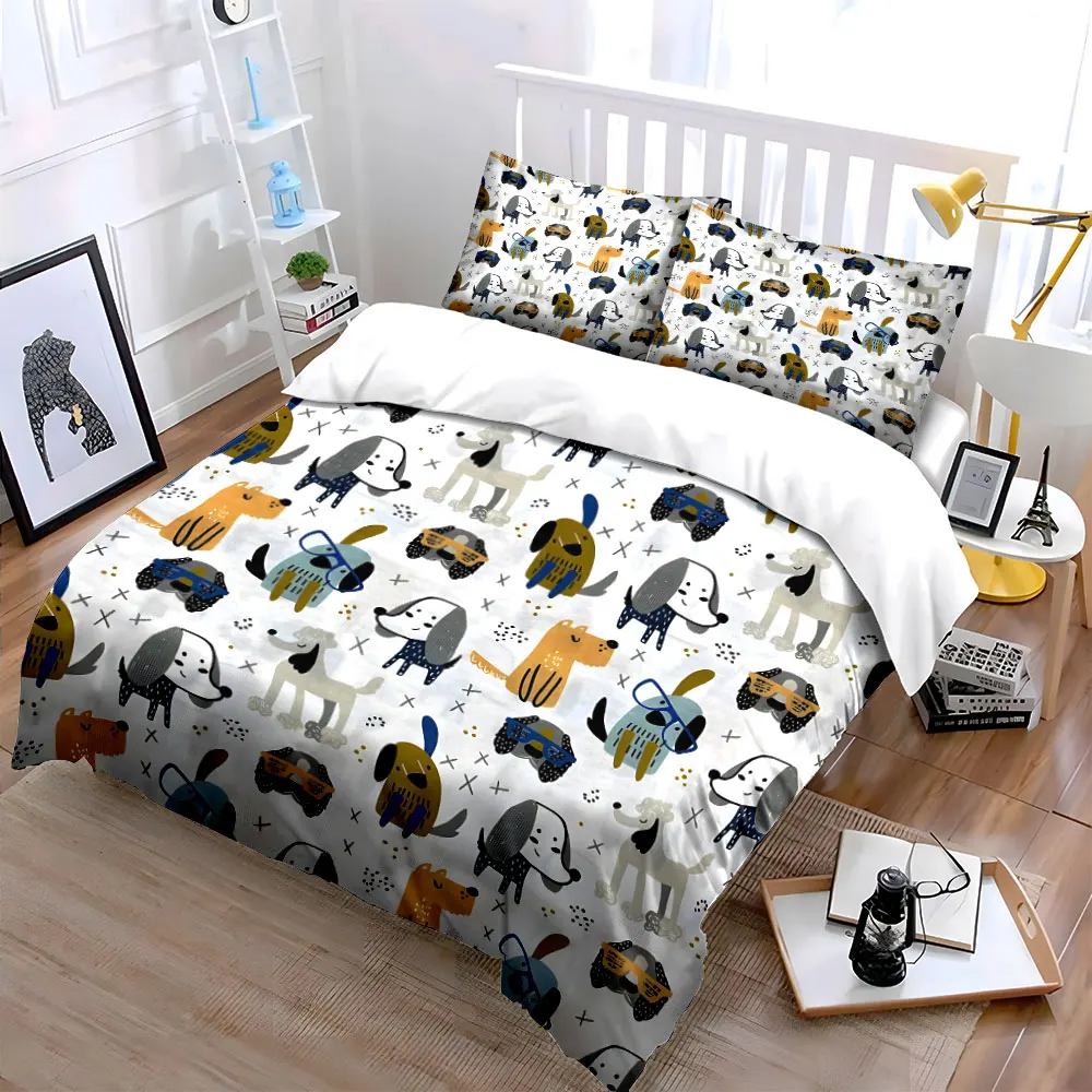 3Pcs Doodle Eyeglass Dachshund Bedding Set, Minimal Puppy Repeat Print Duvet Cover 2 Pillowcases Single Double King Queen,Gift