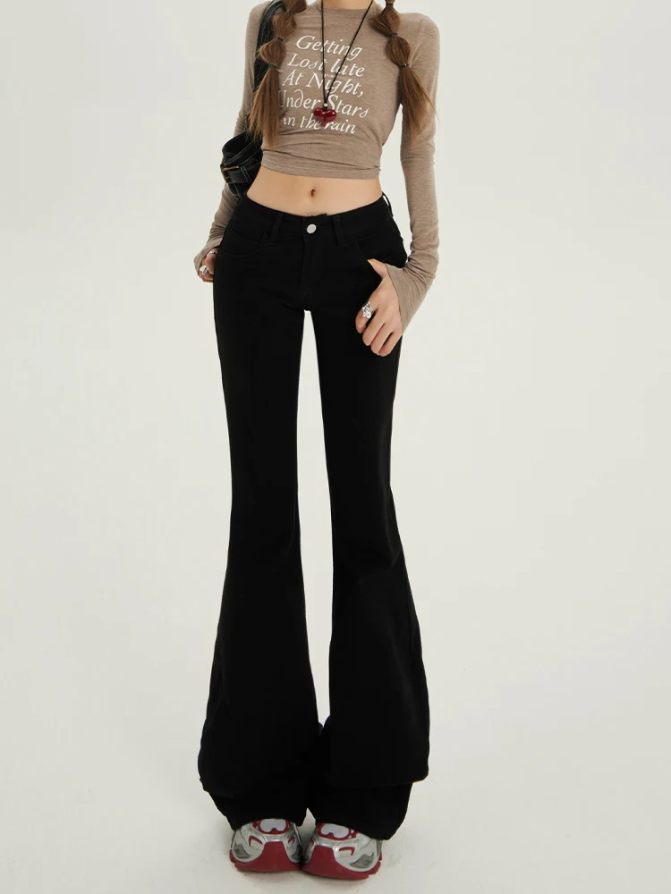 

Low Waist Flared Jeans Women's Fleece Lined Floor Length Drapey Straight Leg Bootcut Denim Pants Casual Style Slimming Effect