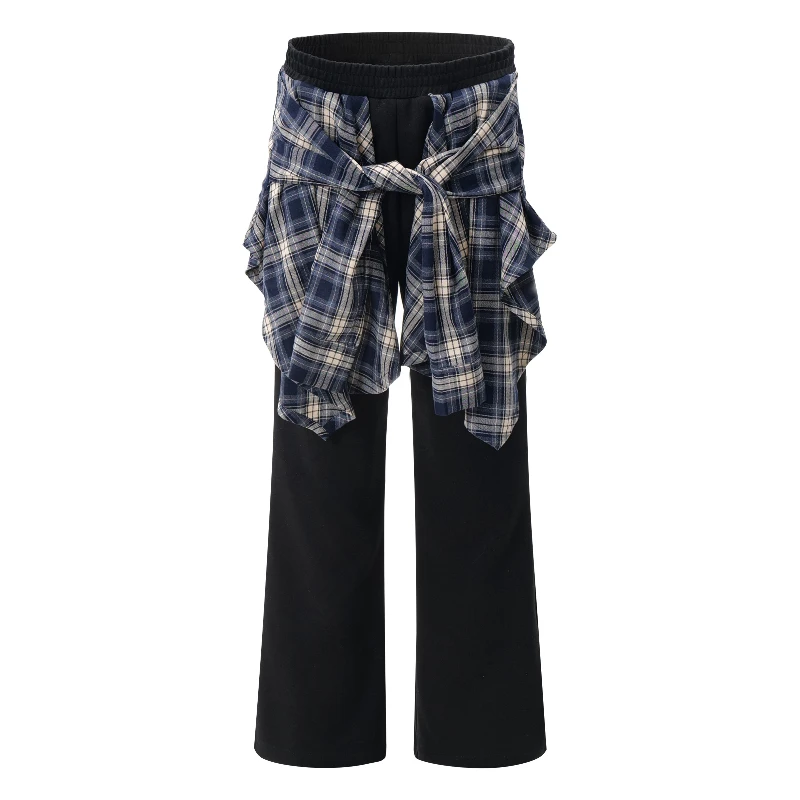 2026 Autumn US Retro Splice Check Skirt Hem Sweatpants Women Slouchy Drape Loose Slim Wide Leg Trousers