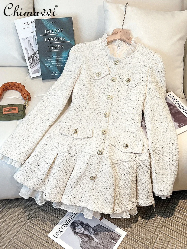 

French Elegant Socialite Tweed Sequins Splicing Ruffles Neck Long Sleeve Single Breasted High Waist Slim Mini Dress Women Autumn