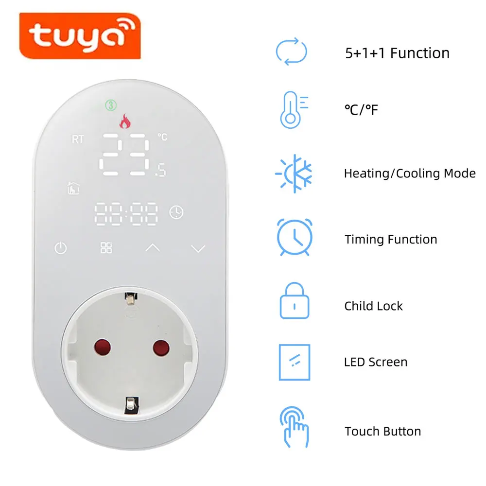 Tuya Smart Home WiFi Digital Thermostat Heating Thermostat Control Socket Temperature 16A Plug App with Alexa Google Home