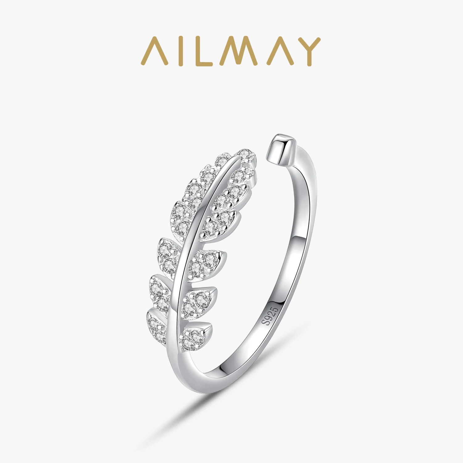 Ailmay 2021 Real 925 Sterling Silver Exquisite Feather Opening ring Finger Ring Clear Zircon Rings Fine Female Fashion Jewelr