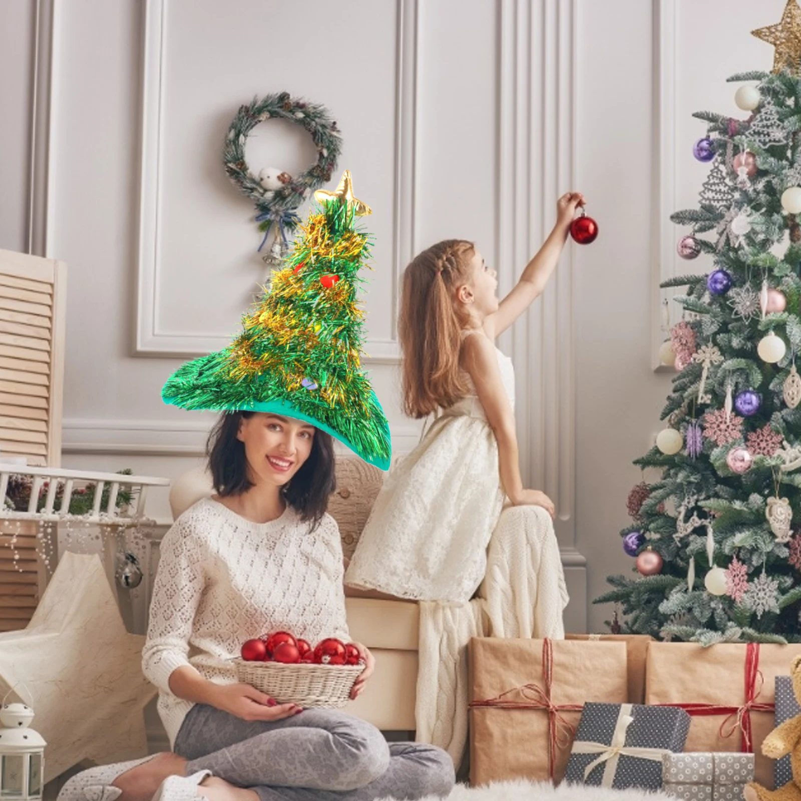 

1pc Christmas Hats Xmas Tree Shape Light Up Party Hats Nonwoven Costume For Kids Adults Lightweight Comfortable