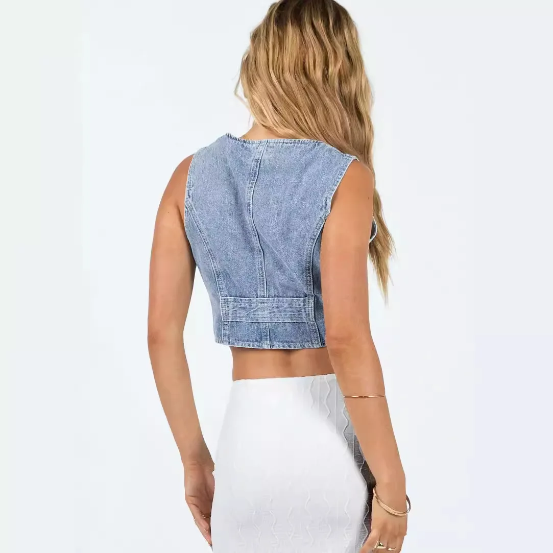 Summer 2026 Women's Denim Blazer V-Neck Cool Girl Jacket Blouse - Fashionable Denim Outerwear for Women