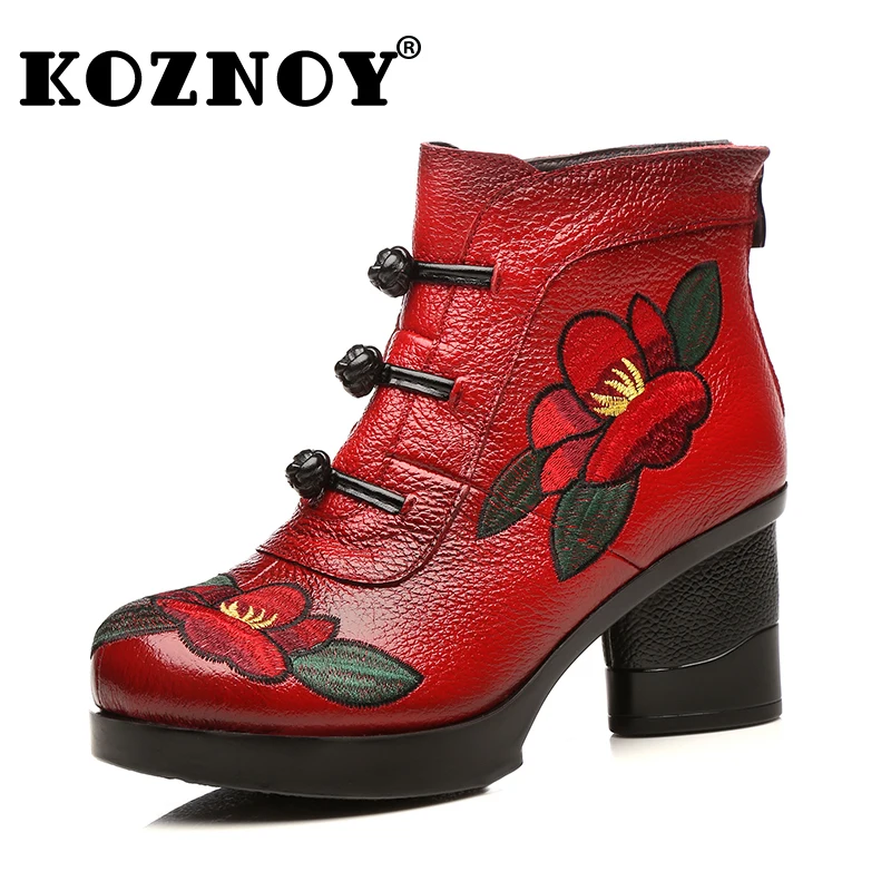 Koznoy 7cm Embroidery Winter Warm Cow Genuine Leather Plush Women Ethnic Knot ZIP Spring Autunm Ankle Fashion Well-fitting Shoes