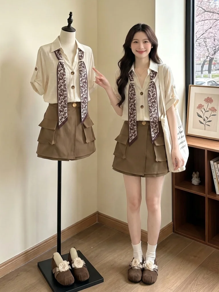 

Summer Fashion Large Size Women's Shirt Skirt Set Tie Dye Holiday Style Workwear Two Piece Outfit Collar Loose Fit