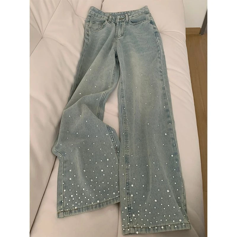 2025 Korean Style Women's Jeans | Spring Crystal Washed High Waist Wide Leg Pants, Chic Straight Cut Slim Fit Floor Length