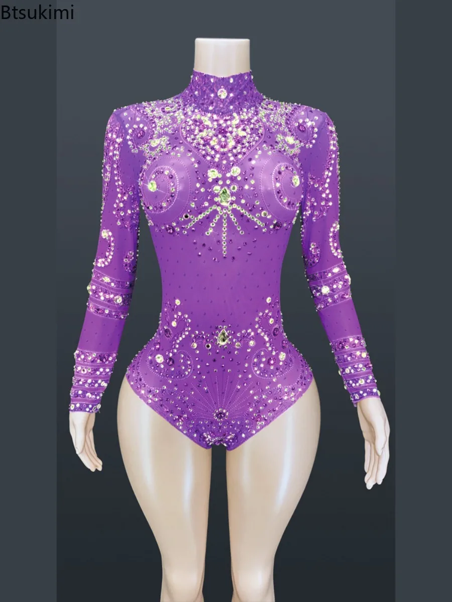 Sparkly Crystals Long Sleeve Mesh Transparent Bodysuit Sexy Dance Costume Birthday Party Night Outfit Women Leotard Stage Wear