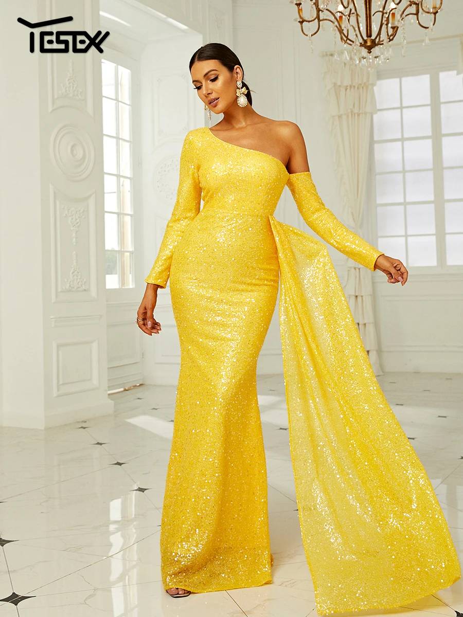 Yesexy One Shoulder Draped Maxi Sequin Formal Dress Women Summer Elegant  Wedding Party Long Sleeve Fashion Evening Yellow - AliExpress 200000345