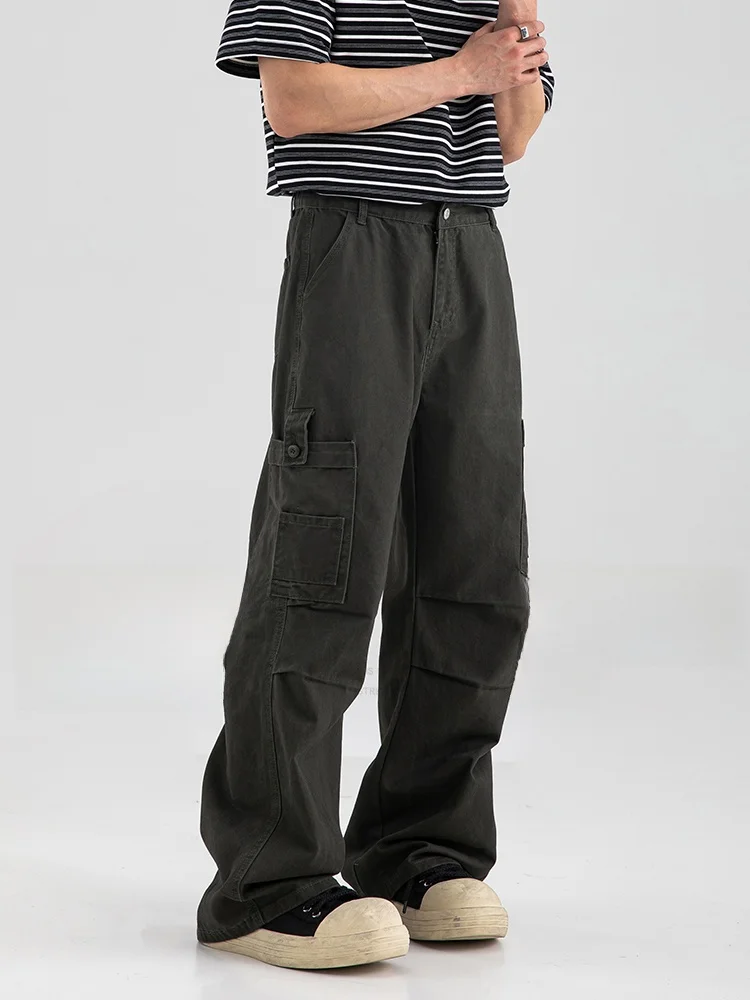 

Retro Waed Men's Spring Summer Loose Straight Casual Pants High Street American Sle Wide Leg Long Trousers Workwear
