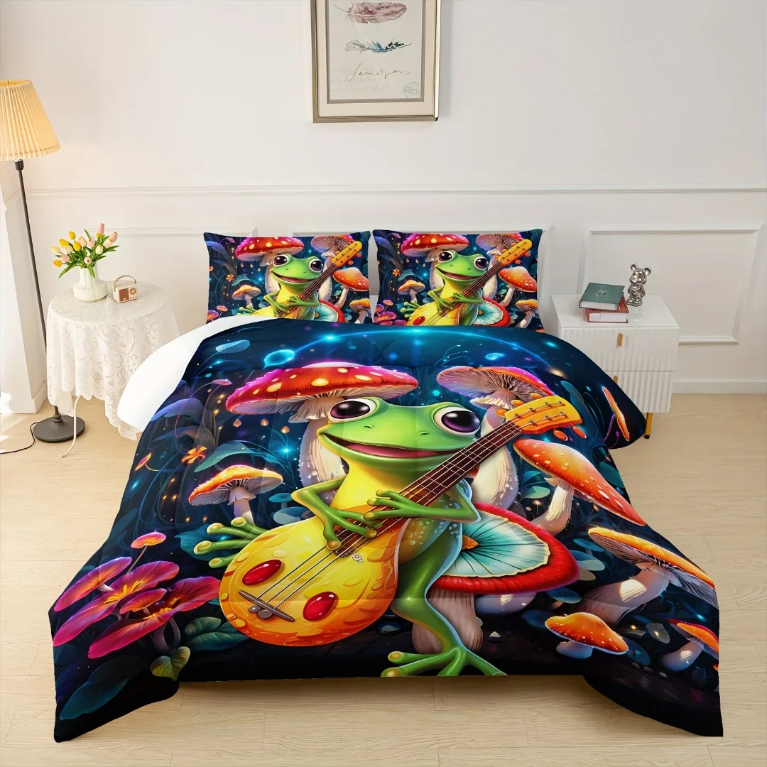 Cute Frog Guitar Comforter Set, Botanica Mushroom 3 Piece Bedding Set, Cartoon Comforter For Room Decor