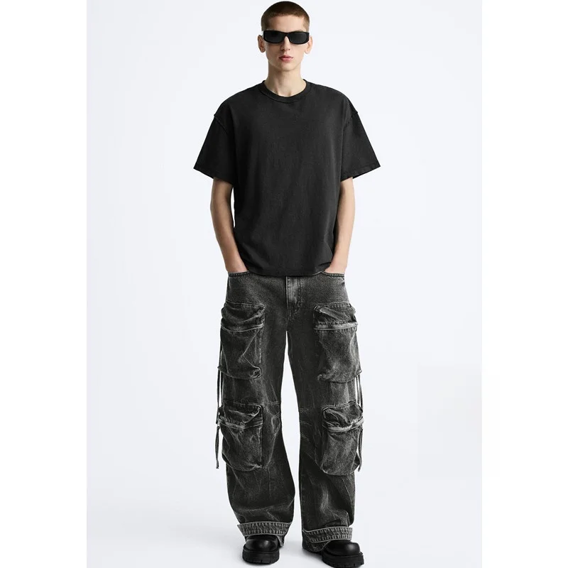 

Men's Casual Loose Straight Leg Jeans Multi-Pocket Workwear Trendy Cotton 100% Washed mid Waist Zipper Fly Spring Autumn Winter