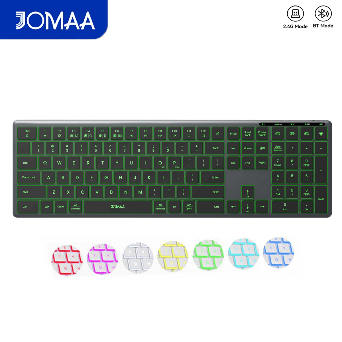 JOMAA Hintergrundbeleuchtete Bluetooth-Tastatur in Vollgröße, 2.4G & Bluetooth Kabellose Multi-Device Wiederaufladbare Tastatur, Leise Schlanke Multimedia-Tastatur, für Windows/PC/Laptop/Telefon