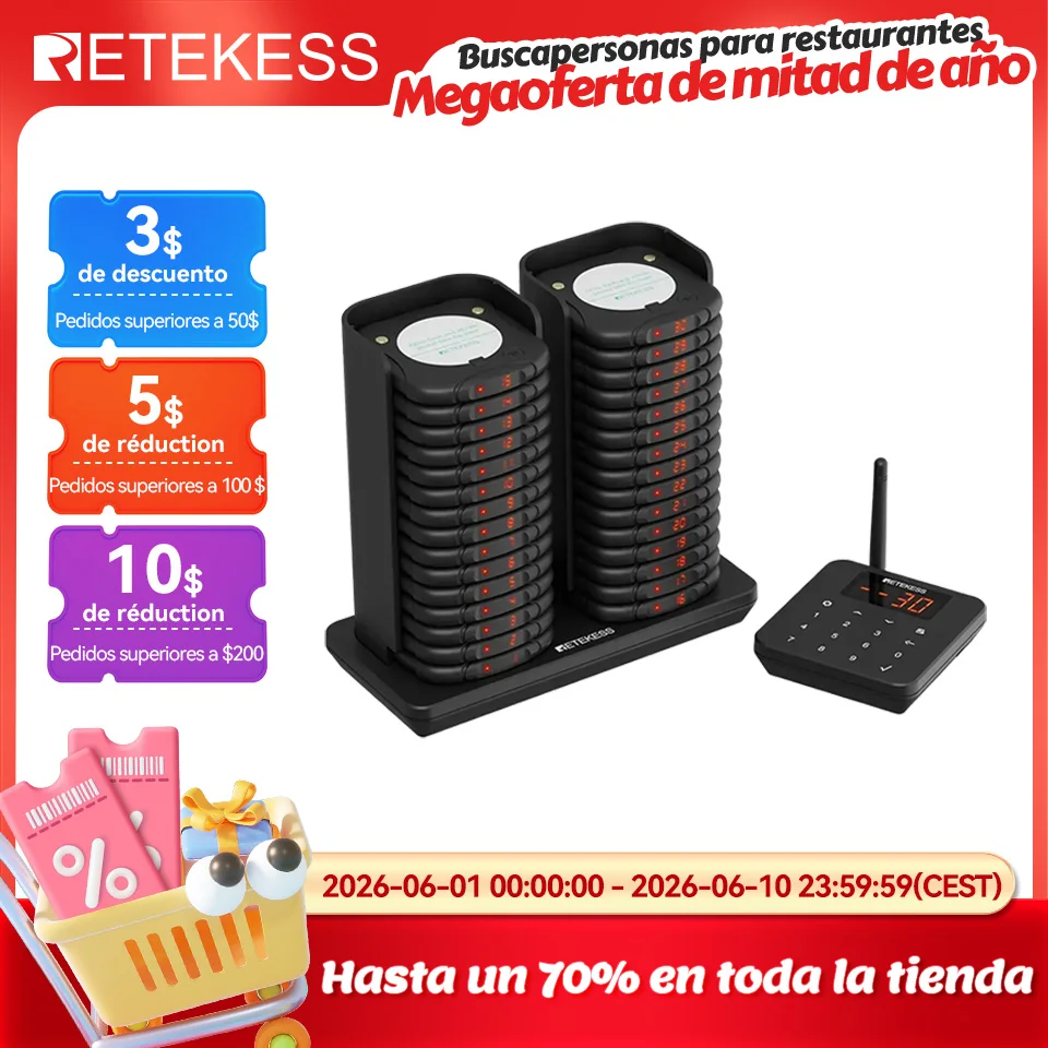 Retekess Td186 Sistema De Llamada Inalámbrico Apilable Antivuelco Para Restaurantes, Vibradores, Llamadores, Campanas De Llamada Para Cafeterías Y Food Trucks — -63%, 60.78€ Coupon, from 34.19€ – 63% descuento – €34.19