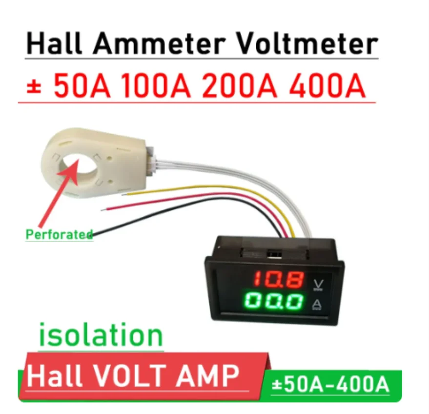 Hall Ammeter Voltmeter DC 0-300V ± 50A 100A 200A 400A Battery Monitor LED Digital Ammeter Voltmeter