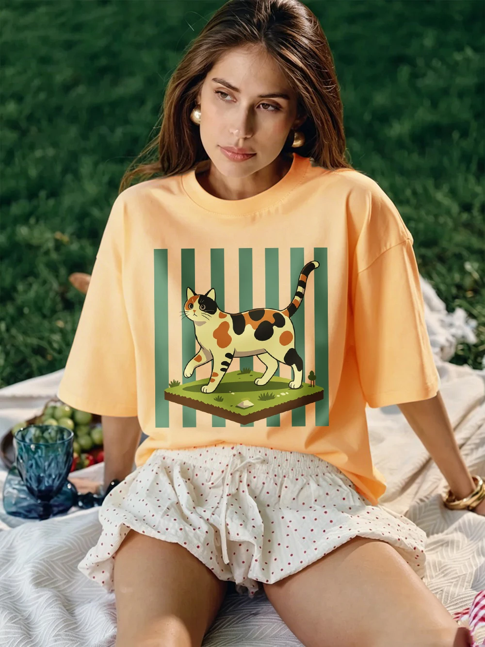 Calico Cat Cartoon Prints Cotton T-Shirts Womens Summer Short Sleeve T Shirt Basic O-Neck Oversized Tops Casual Soft Clothes