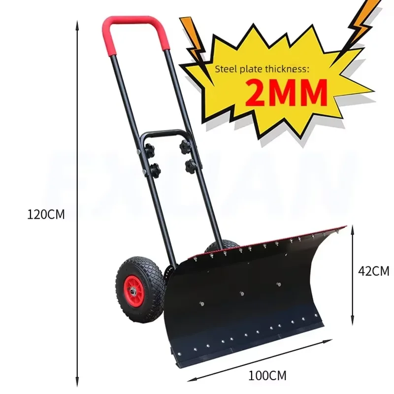 Hand Snow Shovel With Wheels For Driveway Heavy Duty Shovel Pusher With Wide Blade And U-shaped Handle Height Adjustable