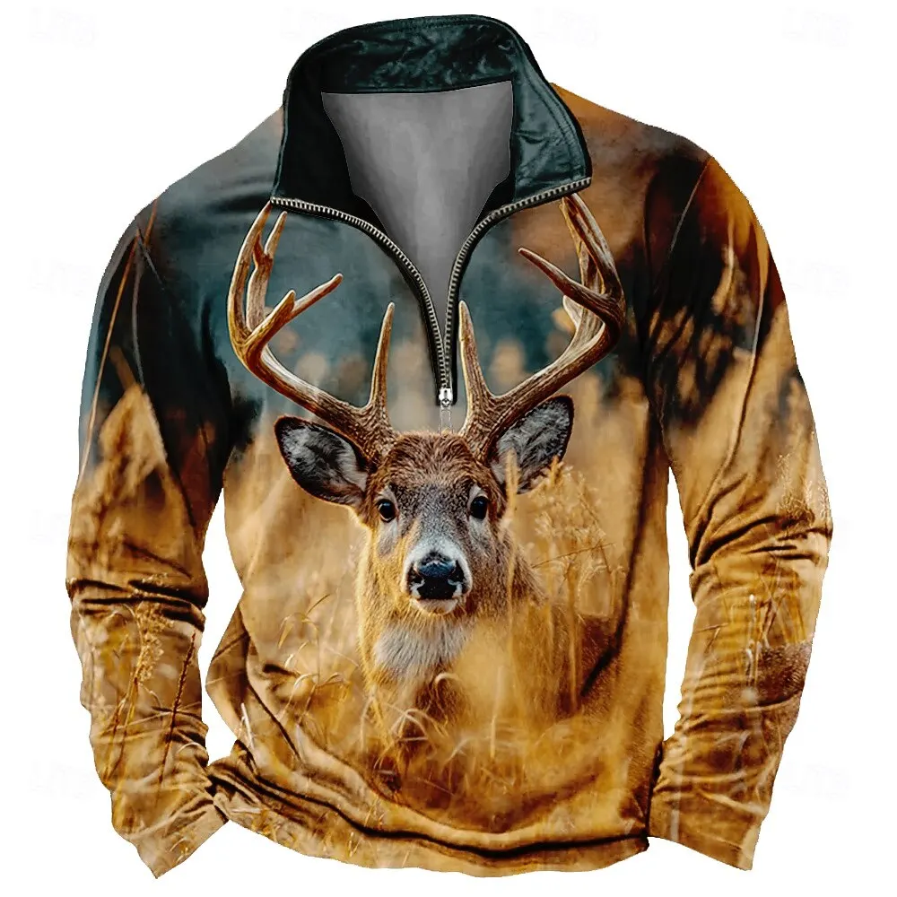 

3D Print Vintage Deer Graphic Men's Zipper Sweatshirt Classic Elk Pattern Long Sleeve Clothes Autumn Winter Outdoor Hunting Tops