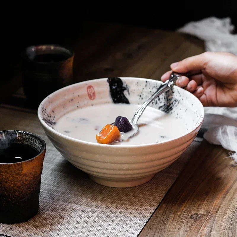 Mangkuk Ramen besar 7.5 inci gaya Jepang, mangkuk sup keramik mangkuk sup peralatan makan Retro mangkuk terompet keramik