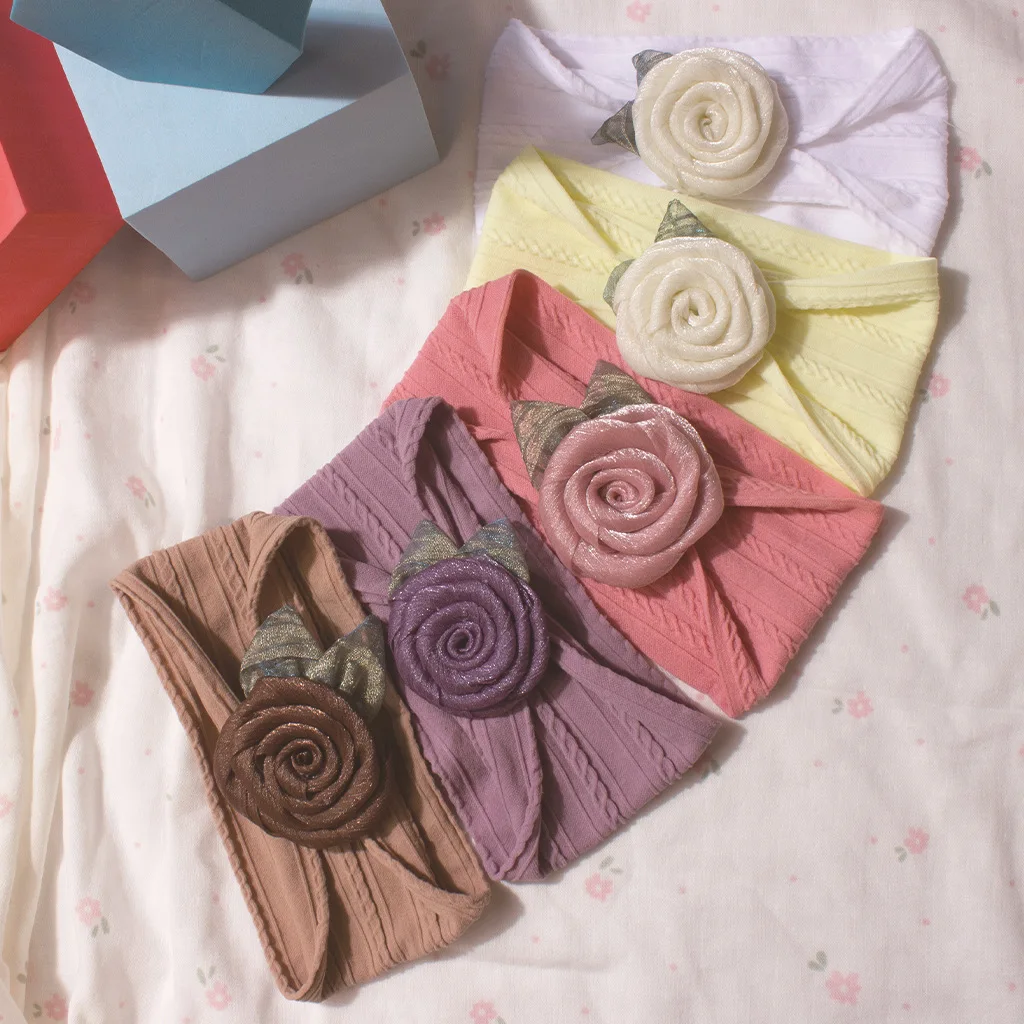 

Jacquard Nylon Headband Baby Rose Flower Wide Bandana Cute Princess Hair Accessories Children Solid Elastic Children Hairbands