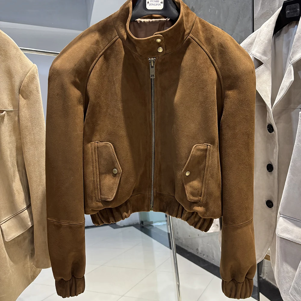 YOLOAgain Suede Leather Jacket Coat Women Real Leather Cropped Jacket Bomber Jacket