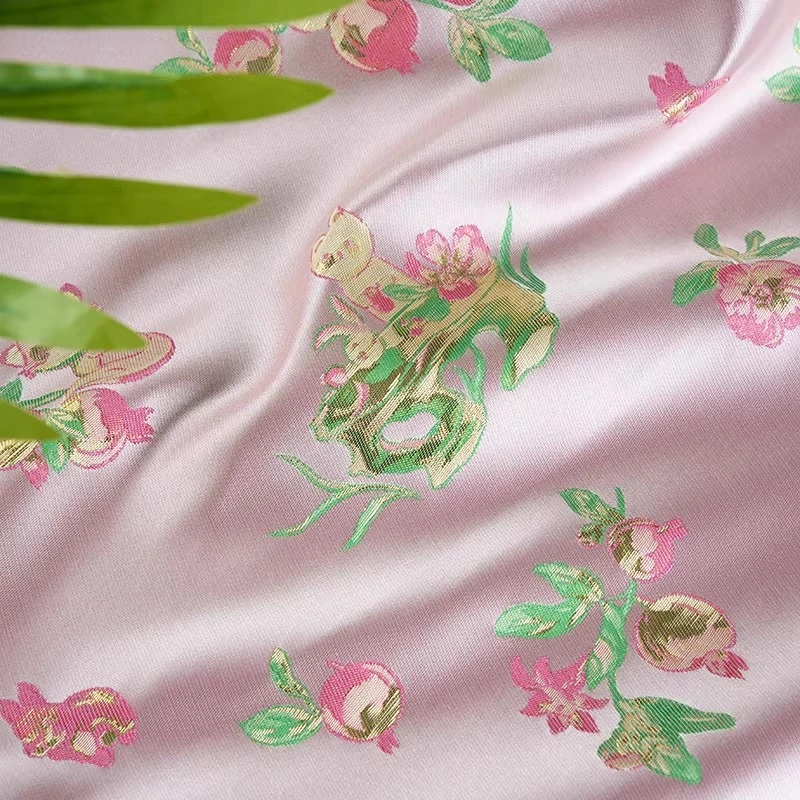 Light Pink Gold Threaded Bunny Squirrel Peach Brocade Jacquard Fabric Cute Kids Coat Glossy Cloth Spring Fashion