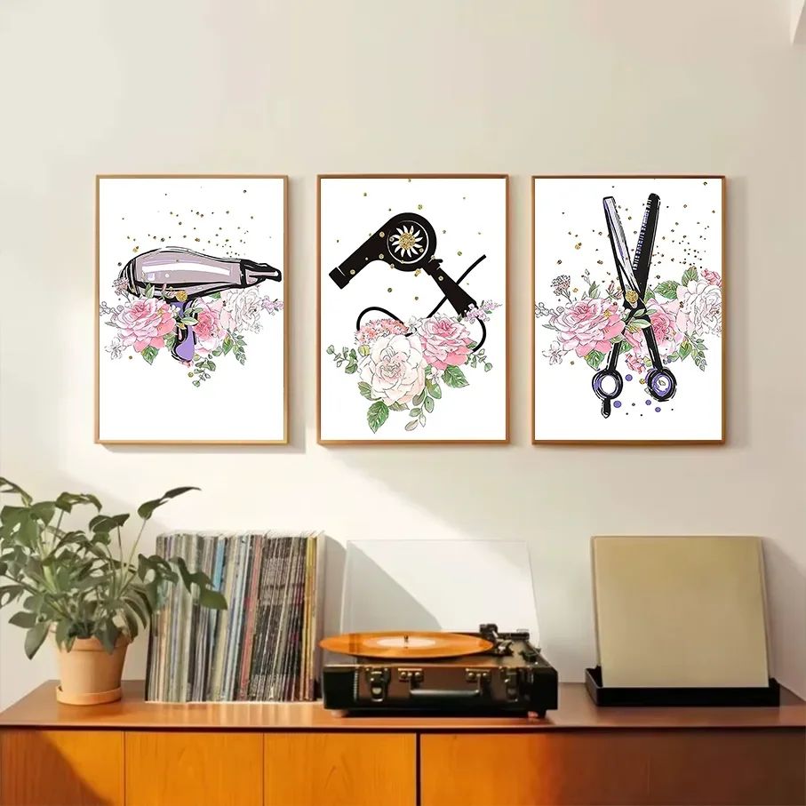 Hair Salon Unframed Canvas Print Watercolor Pink Flowers, Scissors Hair Dryer Barbershop Wall Art Picture