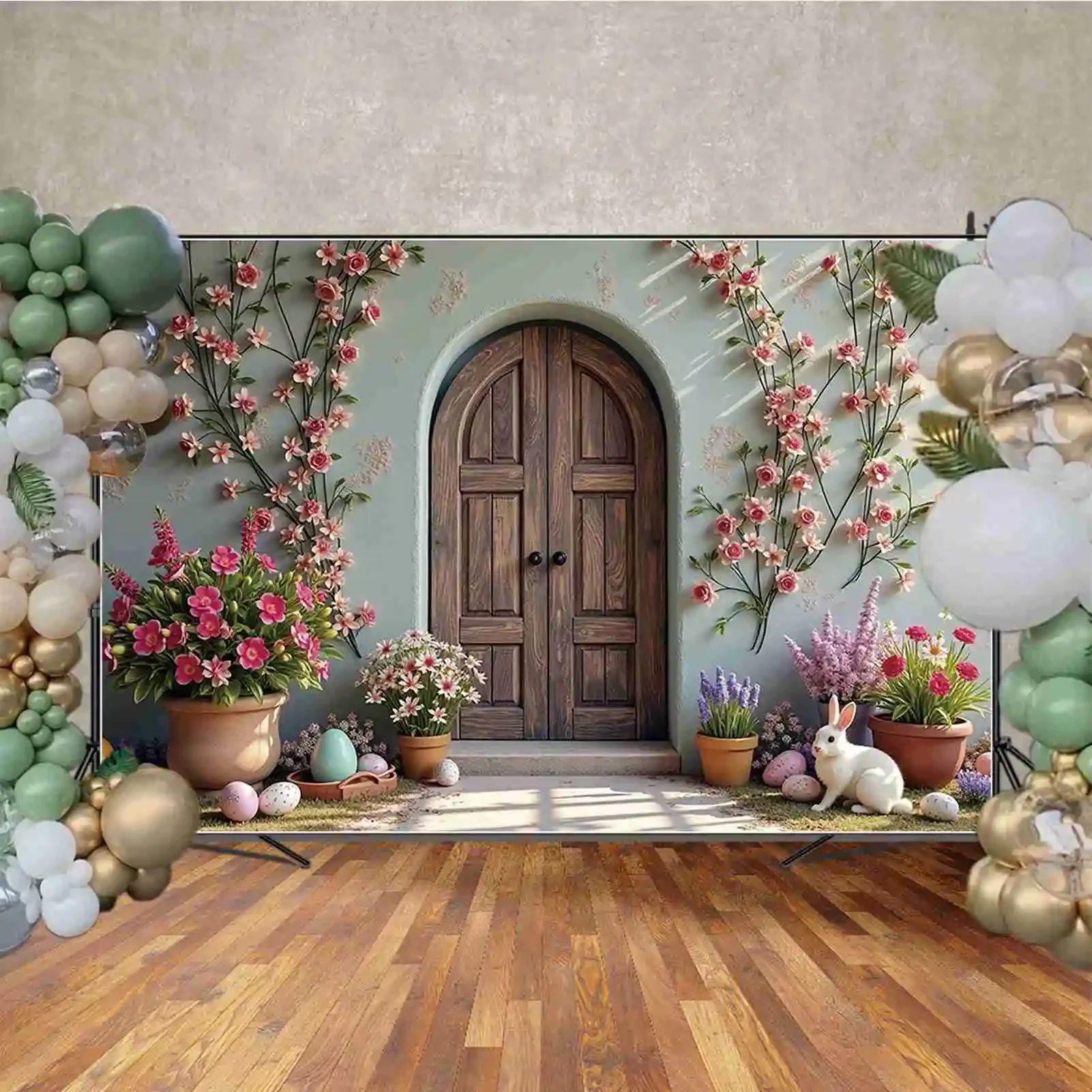 MOON.QG 행복한 부활절 토끼 사진 배경, 숲 집, 다채로운 계란 포토존 배경, 어린이 스튜디오 포토부스 소품