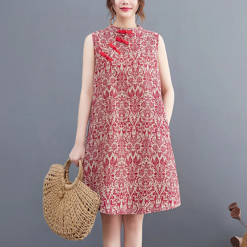 

#6720 Summer Vintage Short Dress Women Stand Collar Buttons Irregular Mini Dress Sleeveless Printed Short Dress Cotton Linen