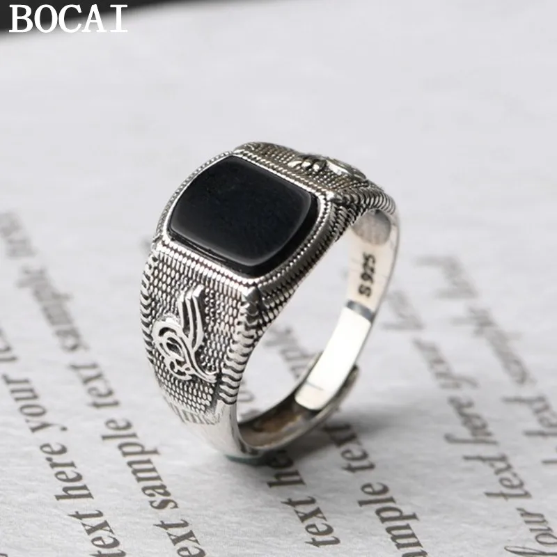 BOCAI NEW S925  Silver Ring for Men Vintage Personality Inlaid Black Agate Antique Eternal Rattan Pattern Ring Fine Jewelry