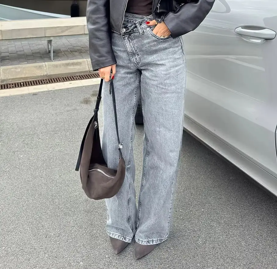 KONDALA Fashion 2024 Autumn Asymmertical Women Long High Waist Wide Leg Pants Zipper Casual All Match Streetwear Denim Trousers