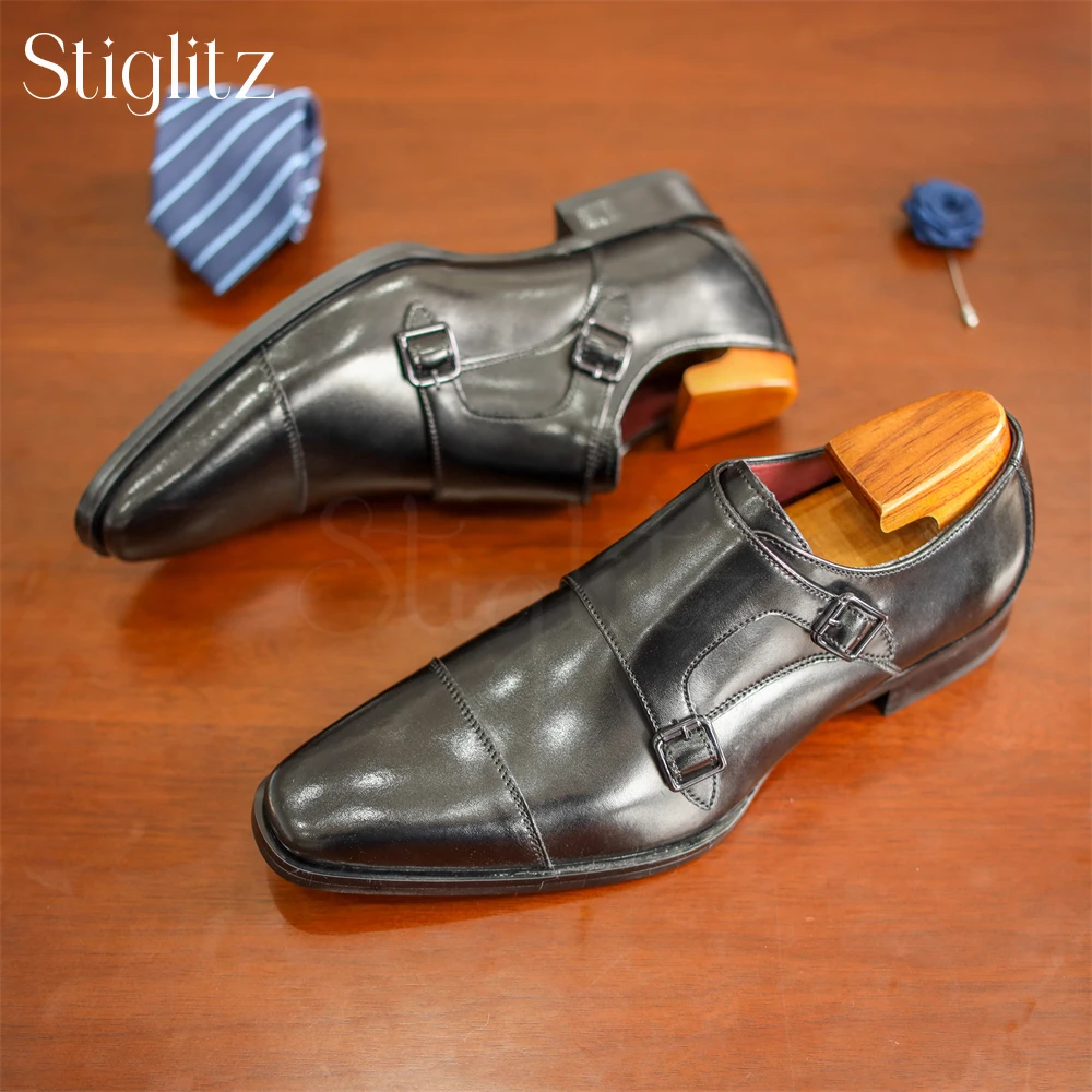 Haute Couture Monk Shoes for Men Handmade Polished Leather Shoes Luxurious Metal Buckle Formal Shoes Business Banquet Footwear