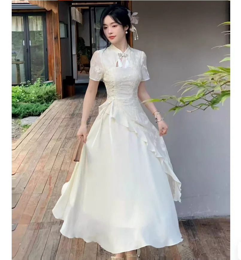 Summer irregular ruffle edge dress sweet cheongsam long skirt