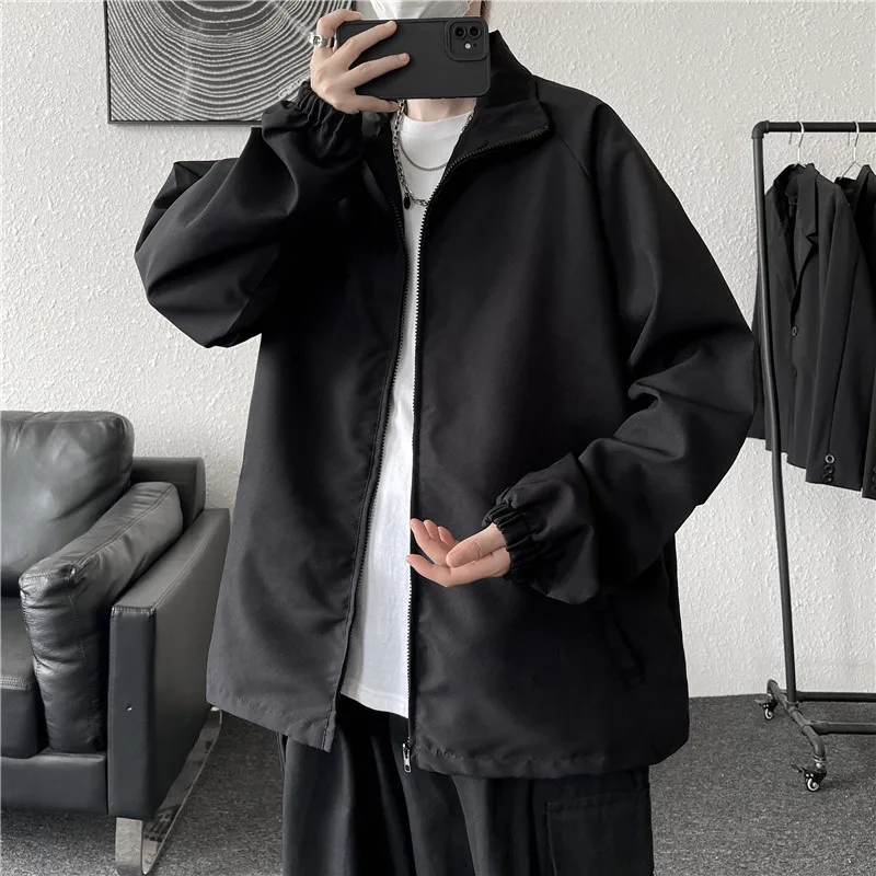 

Весна 2025: Мужская повседневная свободная куртка-ветровка с воротником-стойкой, модная брендовая черная молодежная верхняя одежда