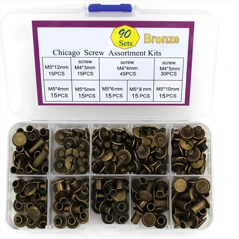 

90Sets/180Pcs Bronze Chicago Screws Leather Assorted Kit Screw Rivets for Leather Rivet for DIY Leather Craft and Bookbinding