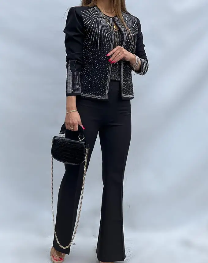 Women's Jackets Temperament Autumn Woman Fashion Rhinestone Decor Open Front Long Sleeve Coat Female Casual Crop Blazer Coats