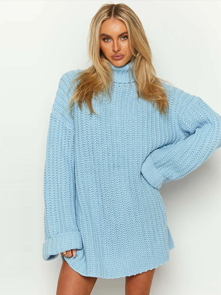 Women's Turtleneck Knitted Sweater Pullover Long Sleeve Midi Length Outerwears Dress 2024 Fall Winter  Fashion Casual New In Top