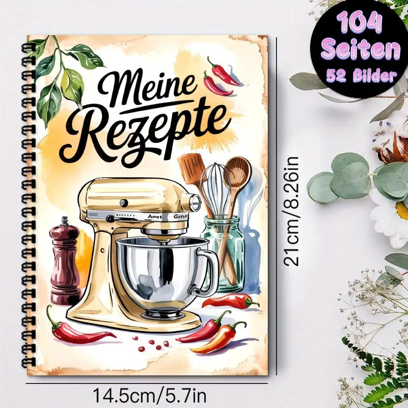 A5 German cookbook, Spiral Binding, Recipe Collection Book, Can Hold Up to 100 Recipes, Kitchen Notebook with Vintage Design