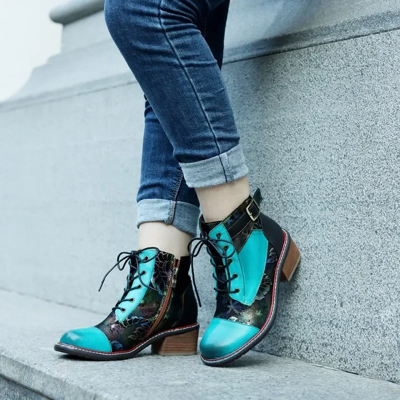 

2025 New Rome Ankle Boots Women Shoes Genuine Leather Splicing Side Zipper Retro Round Toe 5.5CM Casual Sewing Ladies Shoes