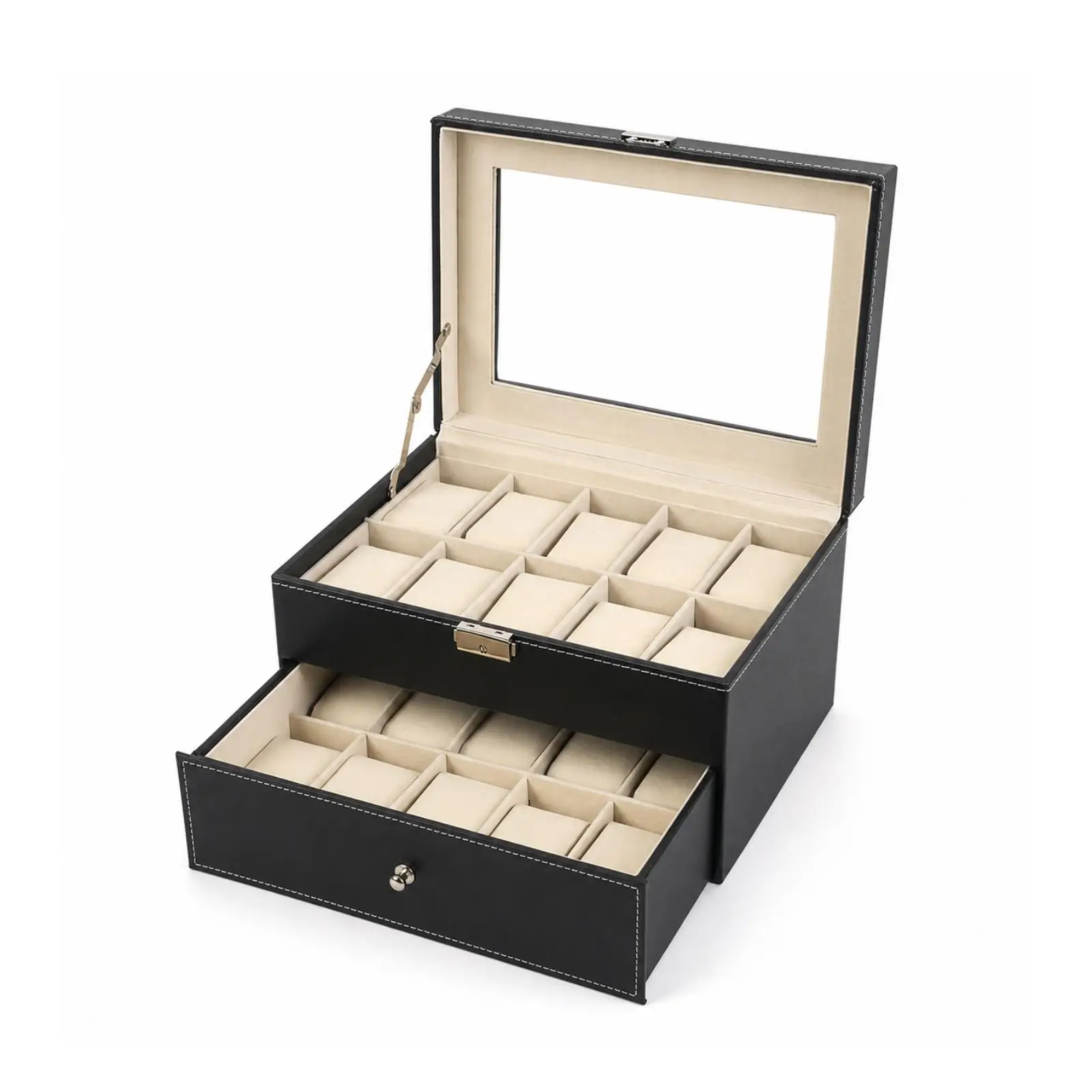 Rectangular Watch Storage Box for Shelf with Black Leather Finish and Contrast Stitching Design