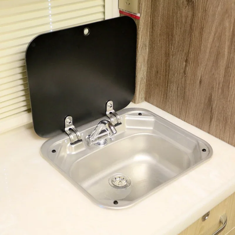 High Quality RV Accessories Motorhome RV Campervan Stainless Steel Sink With Glassed Lid And Rv Boat Folding Sink Integrated Tap