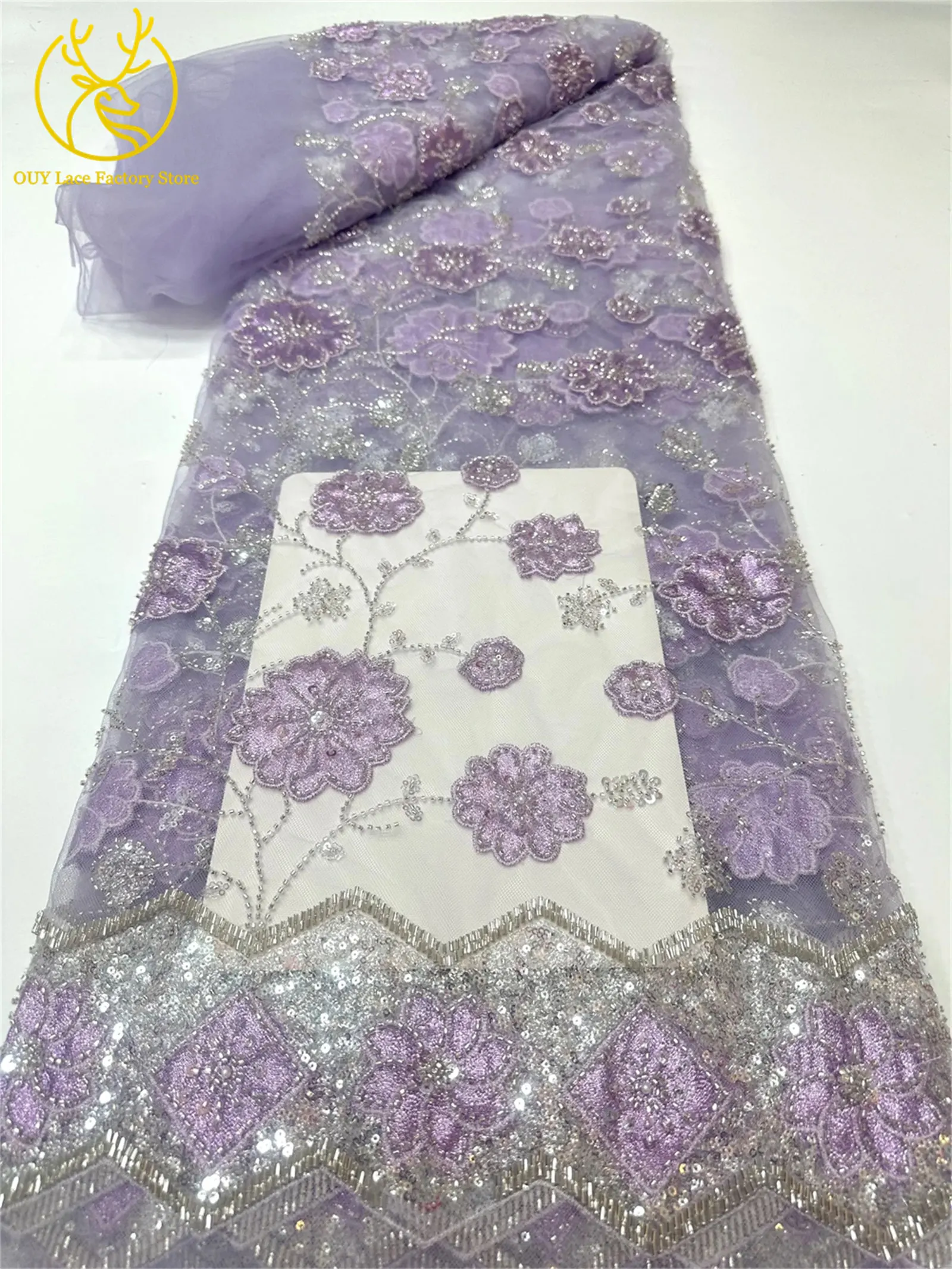 Französischer Groom-Spitzenstoff mit Stickerei und Perlen, afrikanischer Spitzenstoff, nigerianischer Tüllspitzenstoff für Hochzeitskleider und zum Nähen. – Detail 7